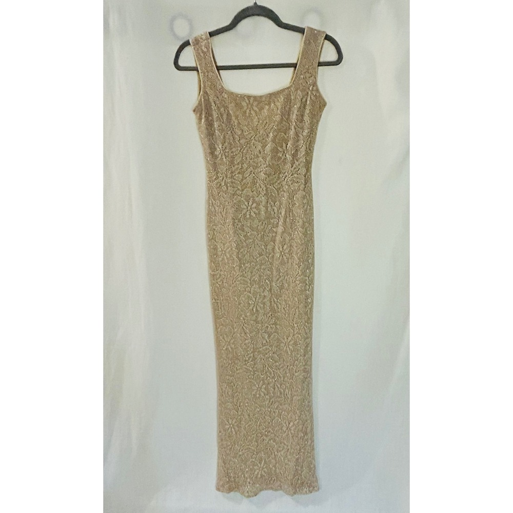Betsy & Adam Vintage Gold Metallic Lace Maxi Dress Scoop Back Formal Gown 3/4